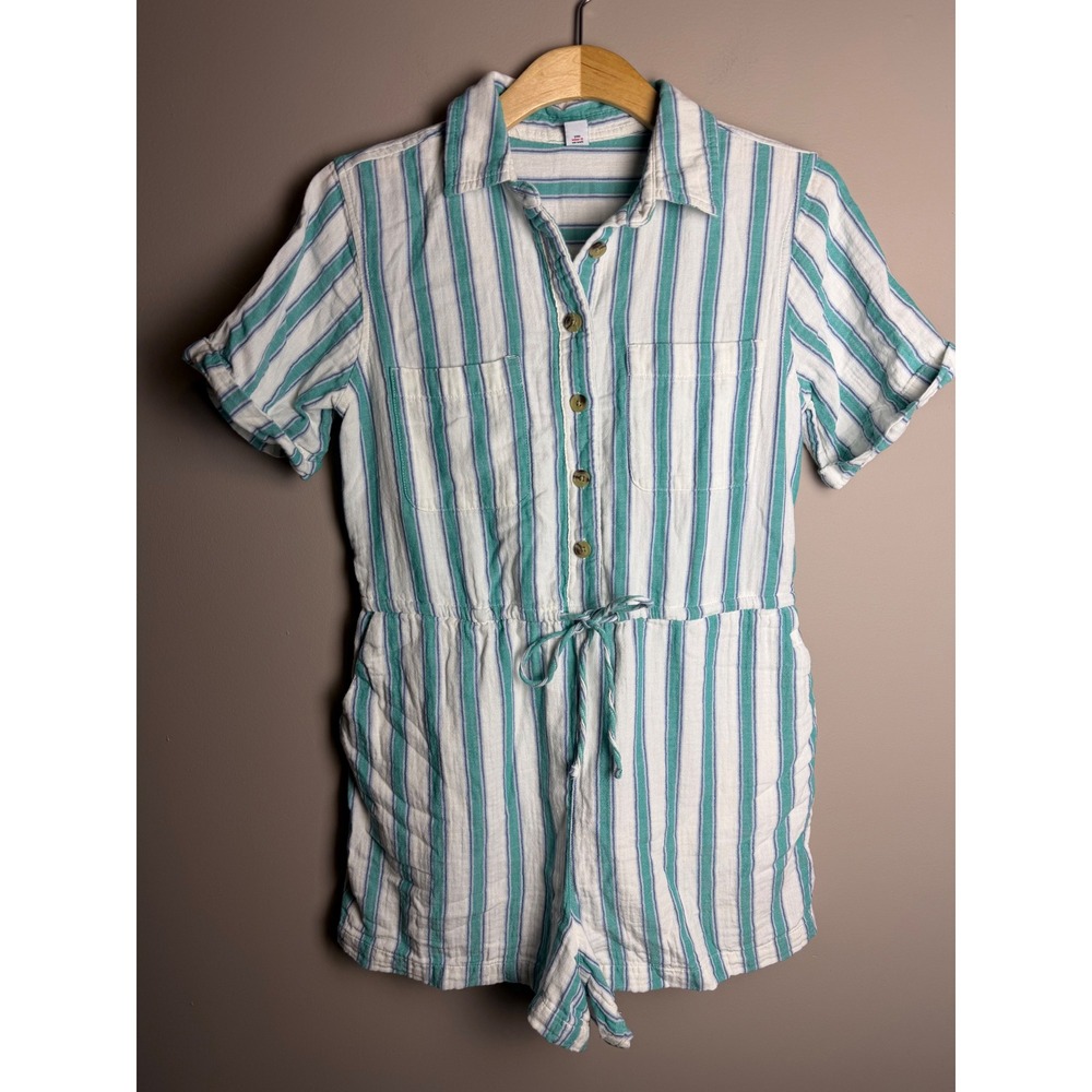 Old Navy Womens Teal White Striped Button Front Utility Romper Size S